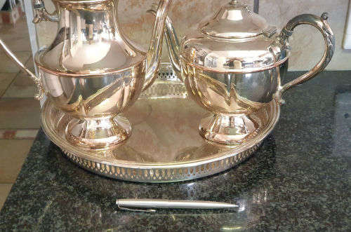Vintage ESSAY EP Copper lead mounts made in Canada Coffee and Teapot on a EPNS tray