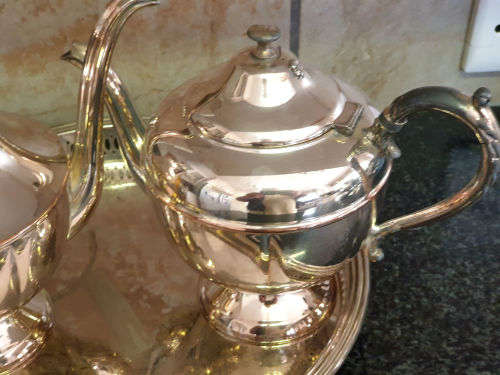 Vintage ESSAY EP Copper lead mounts made in Canada Coffee and Teapot on a EPNS tray