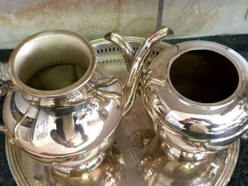 Vintage ESSAY EP Copper lead mounts made in Canada Coffee and Teapot on a EPNS tray