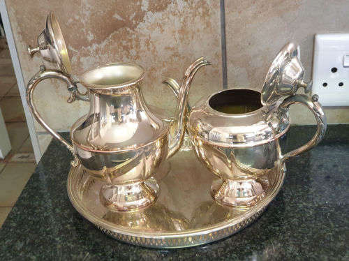 Vintage ESSAY EP Copper lead mounts made in Canada Coffee and Teapot on a EPNS tray