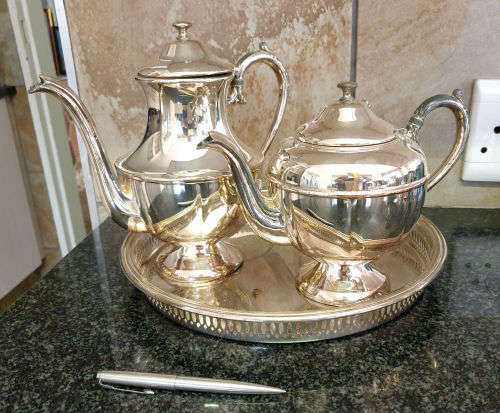 Vintage ESSAY EP Copper lead mounts made in Canada Coffee and Teapot on a EPNS tray