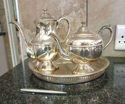Vintage ESSAY EP Copper lead mounts made in Canada Coffee and Teapot on a EPNS tray