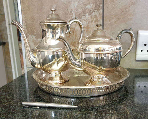 Vintage ESSAY EP Copper lead mounts made in Canada Coffee and Teapot on a EPNS tray
