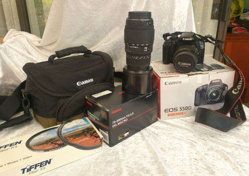 Canon E0S 550D Digital SLR Camera & Cannon EF-S 18-55 IS Lens Kit + Sigma 70-300mm Lens plus ..