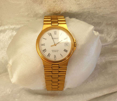TISSOT SEASTAR D361A MENS Swiss WATCH (working) GOLD, Metal STRAP, plating worn around back cover