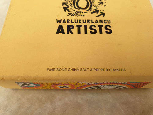 RUTH STEWART SALT & PEPPER set Aboriginal Art from Warlukurlangu Artists- Unused Boxed