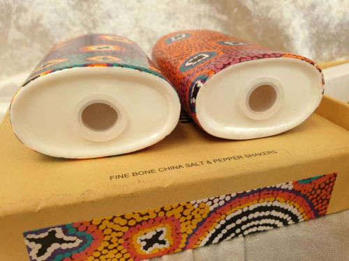 RUTH STEWART SALT & PEPPER set Aboriginal Art from Warlukurlangu Artists- Unused Boxed