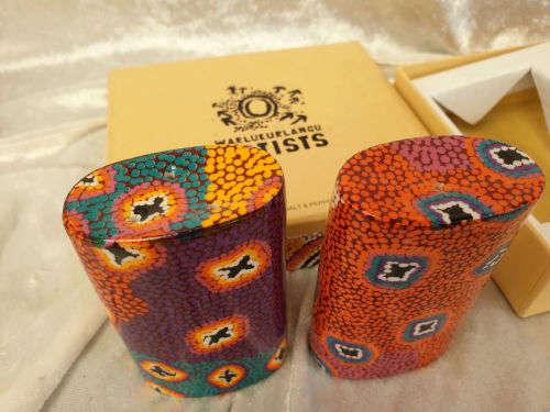 RUTH STEWART SALT & PEPPER set Aboriginal Art from Warlukurlangu Artists- Unused Boxed
