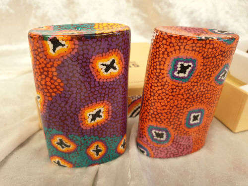 RUTH STEWART SALT & PEPPER set Aboriginal Art from Warlukurlangu Artists- Unused Boxed