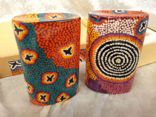 RUTH STEWART SALT & PEPPER set Aboriginal Art from Warlukurlangu Artists- Unused Boxed