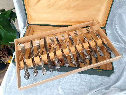 Beautiful Rare 24 pc Antique Solingin Argento .800 SILVER Desert set UNUSED in 2 layer Box