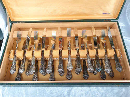 Beautiful Rare 24 pc Antique Solingin Argento .800 SILVER Desert set UNUSED in 2 layer Box