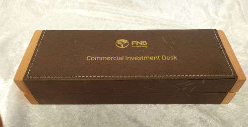 Unused FNB Pen set (Leather covered) in wood and leather box - compare with parker in photos