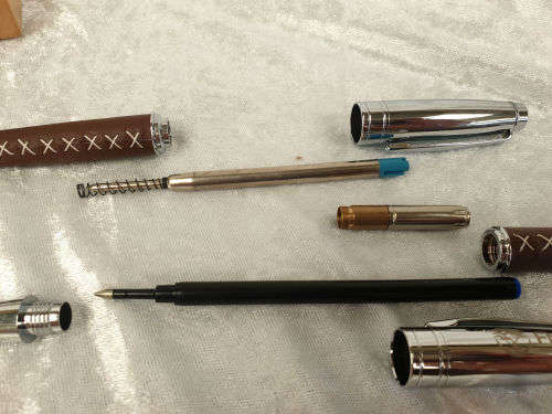 Unused FNB Pen set (Leather covered) in wood and leather box - compare with parker in photos