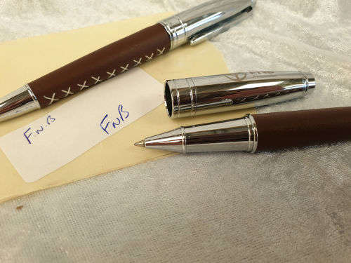 Unused FNB Pen set (Leather covered) in wood and leather box - compare with parker in photos