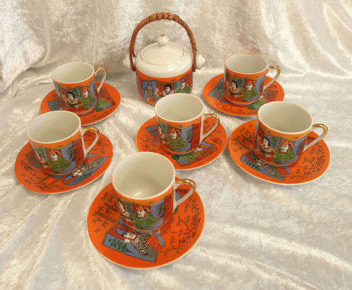 Vintage Edelweiss Qualitat fine China 6 Coffee duo's and sugar bowl -hand painted
