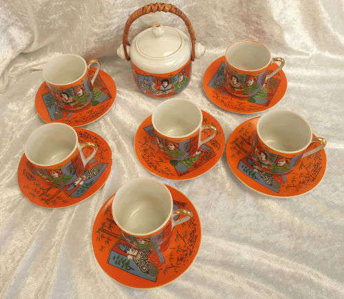 Vintage Edelweiss Qualitat fine China 6 Coffee duo's and sugar bowl -hand painted