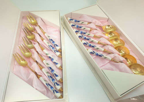 Beautiful Korean 12 Pc Gold Plated Spoons and Cakeforks with Porcelain Handles unused - Boxed