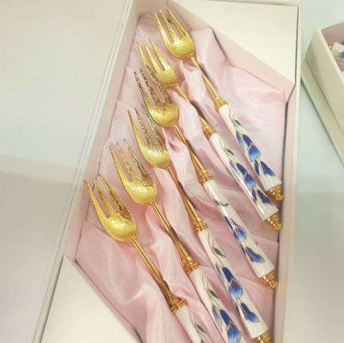 Beautiful Korean 12 Pc Gold Plated Spoons and Cakeforks with Porcelain Handles unused - Boxed