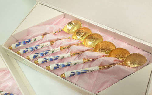 Beautiful Korean 12 Pc Gold Plated Spoons and Cakeforks with Porcelain Handles unused - Boxed