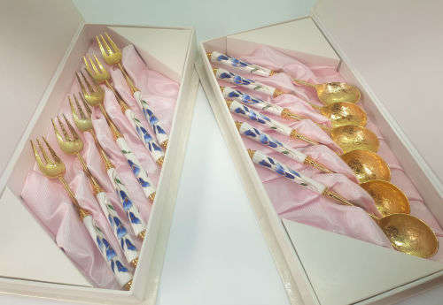 Beautiful Korean 12 Pc Gold Plated Spoons and Cakeforks with Porcelain Handles unused - Boxed