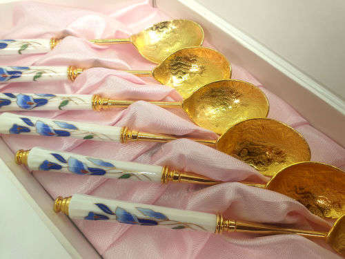 Beautiful Korean 12 Pc Gold Plated Spoons and Cakeforks with Porcelain Handles unused - Boxed