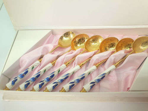 Beautiful Korean 12 Pc Gold Plated Spoons and Cakeforks with Porcelain Handles unused - Boxed