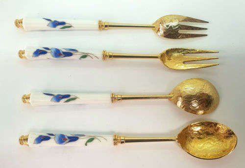 Beautiful Korean 12 Pc Gold Plated Spoons and Cakeforks with Porcelain Handles unused - Boxed