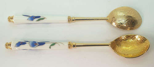 Beautiful Korean 12 Pc Gold Plated Spoons and Cakeforks with Porcelain Handles unused - Boxed
