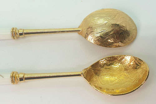 Beautiful Korean 12 Pc Gold Plated Spoons and Cakeforks with Porcelain Handles unused - Boxed