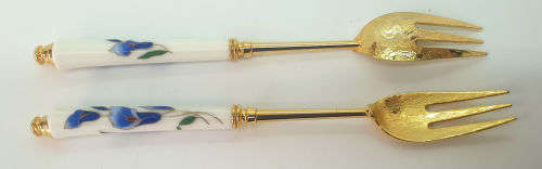 Beautiful Korean 12 Pc Gold Plated Spoons and Cakeforks with Porcelain Handles unused - Boxed