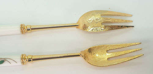 Beautiful Korean 12 Pc Gold Plated Spoons and Cakeforks with Porcelain Handles unused - Boxed