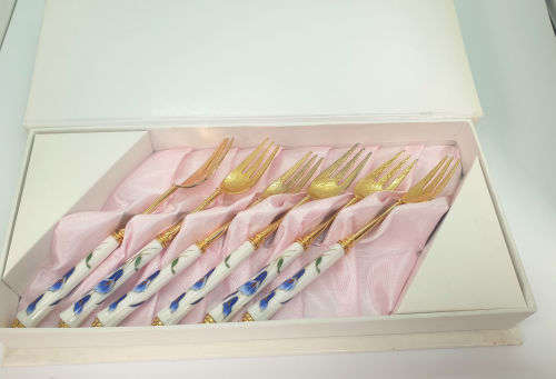 Beautiful Korean 12 Pc Gold Plated Spoons and Cakeforks with Porcelain Handles unused - Boxed