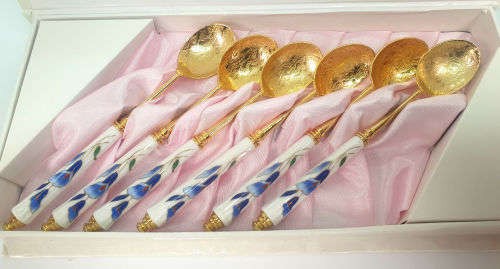 Beautiful Korean 12 Pc Gold Plated Spoons and Cakeforks with Porcelain Handles unused - Boxed