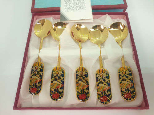 1996 5 Pc Gold plated Korean Folk metal art spoon set- spoon set