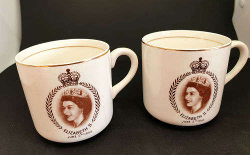 2 Vintage Mid winter June 2nd 1953 Elizabeth II Coronation Cups - One Cracked