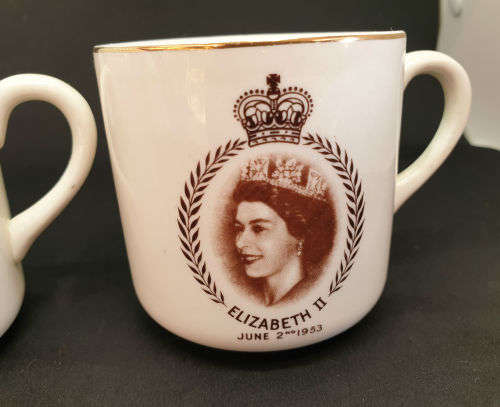 2 Vintage Mid winter June 2nd 1953 Elizabeth II Coronation Cups - One Cracked