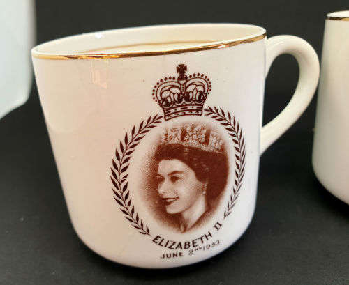 2 Vintage Mid winter June 2nd 1953 Elizabeth II Coronation Cups - One Cracked