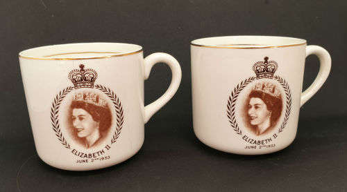 2 Vintage Mid winter June 2nd 1953 Elizabeth II Coronation Cups - One Cracked