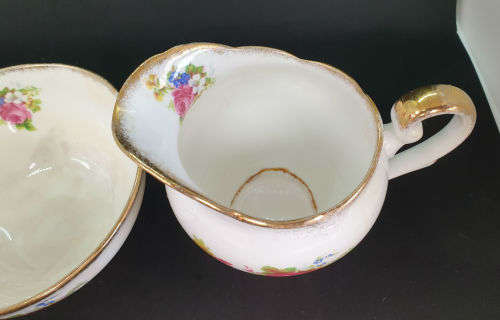 Vintage Royal Standard "Rose Bouquet" Sugar Bowl 62x119mm and Creamer (Damaged) 103x154mm