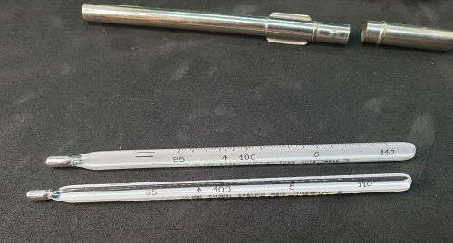 2 Vintage G.H Zeal English Made Medical  thermometers in metal holders