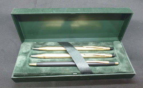 3 Vintage Cross Pens V20 10kt rolled gold pen and pencil set and a Black Cross pen.Boxed