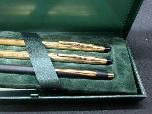 3 Vintage Cross Pens V20 10kt rolled gold pen and pencil set and a Black Cross pen.Boxed