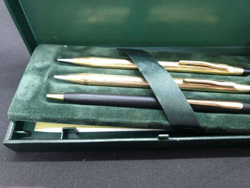 3 Vintage Cross Pens V20 10kt rolled gold pen and pencil set and a Black Cross pen.Boxed