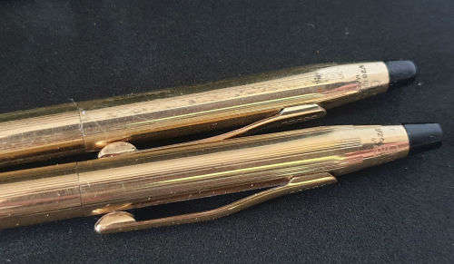 3 Vintage Cross Pens V20 10kt rolled gold pen and pencil set and a Black Cross pen.Boxed