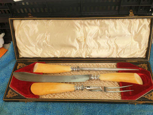Antique 1904 Encore Thomas Turner & Co Sheffield Carving Set Sterling SILVER Bolster -Boxed