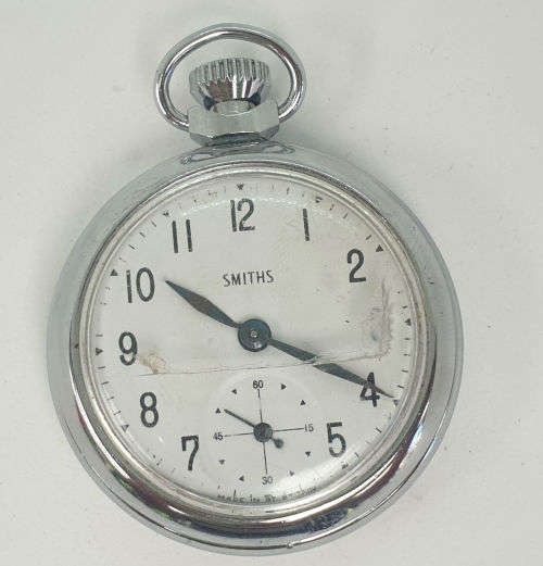 Vintage Smiths Mens Pocket Watch - working - Lens has a crack -Made in England