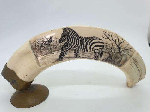 Zebra artwork on Warthog tooth on Brass stand