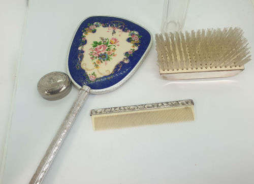 Antique ladies grooming set - Mirror (broken)  Comb. Brush , Bottol and Lid for another Bottle
