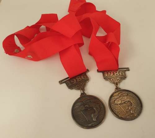2 x 1986 Angling Medals with Ribbons - 33mm in Diameter